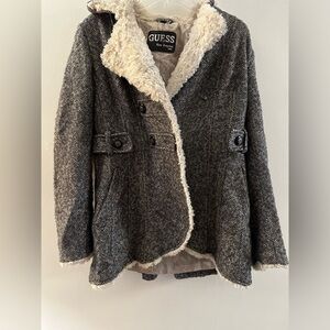 Guess Tweed Wool Blend Herringbone Pennylane Coat Blue Gray Womens small